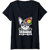 Womens Day of Dead Sugar Skull Chihuahua Dog V-Neck T-Shirt