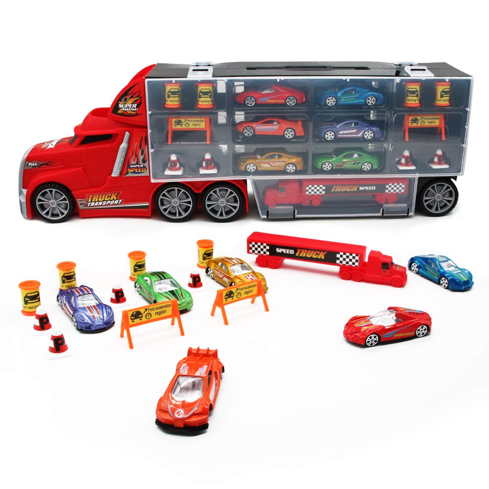 Nuheby Transporter Truck Carrycase for Cars Playset Detachable Carrier Truck Toy Cars Including 17 Mini Mental Die Cast Cars and Accessories- Car Transporter Toy for Boys & Girls 3 4 5 Years Old