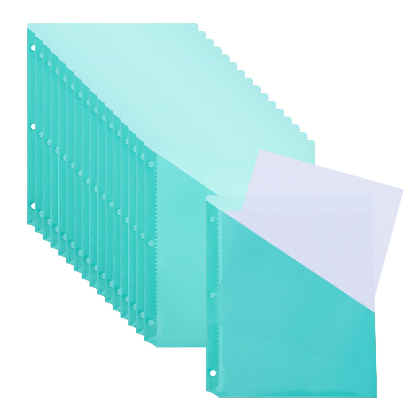 PATIKIL Binder Pocket for 3 Ring Binders, 15pcs 3 Hole Punch Pocket Folder Divider Slash File Jacket Organizer Sleeves for Office Paper Document, Green