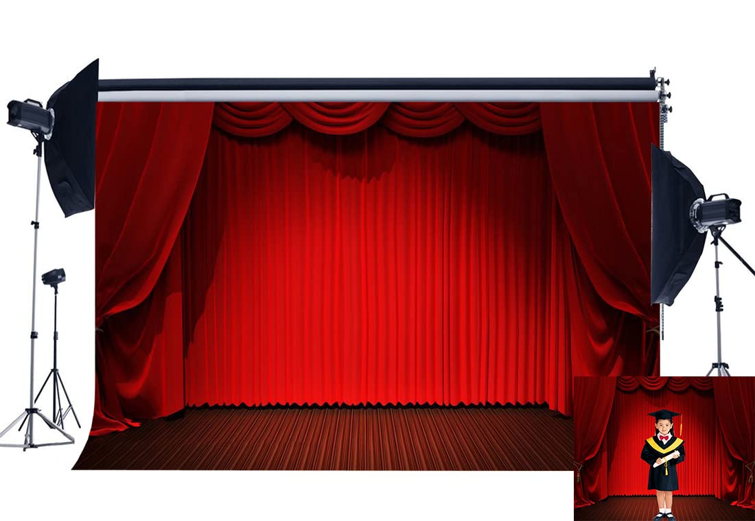 Haosphoto 7X5FT/210X150cm Vinyl Photography Backdrop Stage Lights Red Curtain Theater Vintage Wood Floor Interior Backdrops Kids Children Adults Portraits Background Photo Studio Props CA816