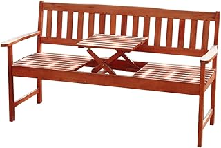 KMH®, 3-sitzer Gartenbank (160 cm) aus Eukalyptusholz mit integriertem, einklappbarem Tisch (#101909)