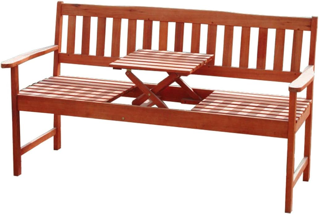 KMH®, 3-sitzer Gartenbank (160 cm) aus Eukalyptusholz mit integriertem, einklappbarem Tisch (#101909)