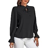 Rooscier Women's Frill Mock Neck Self Tie Shirred Ruffle Long Sleeve Elegant Blouse
