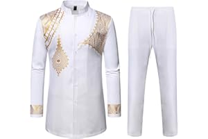 ZEROYAA Men's Kente Print Suit Long Sleeve Button up African Dashiki Shirt and Pants Ethnic 2 Piece Outfit