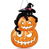 HPNIUB Halloween Decoration Pumpkin Wooden Door Sign | Black Cat Halloween Hanging Wall Art for Front Door Decor,Scary&Cute Black Cat Halloween Plaque for Home Decor(9.4X15.3Inch)