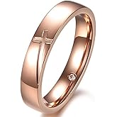 Fashion Month Women 4mm Vintage Stainless Steel Engrave Cross Rose Gold Ring Christian Engagement Wedding Band CZ Inlay