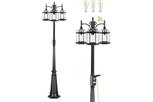PARTPHONER Dusk to Dawn Outdoor Lamp Post Light with GFCI Outlet, Triple Head Aluminum Street Light Post for Outside with Sensor, Waterproof Birdcage Pole Lighting Fixture for Backyard Garden Patio Driveway