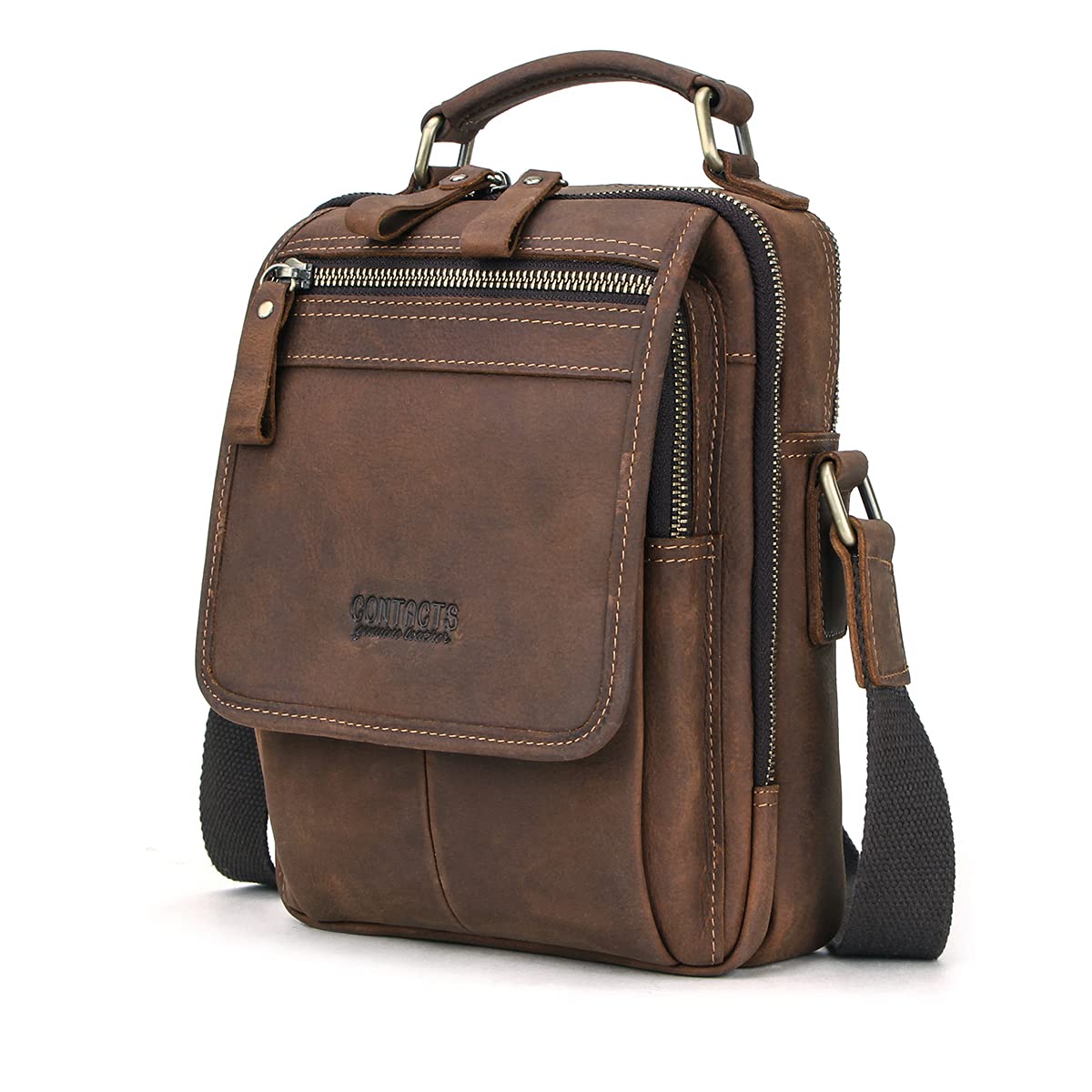 Contacts Leather Shoulder Bag Mens Crossbody Bag Office Laptop Mini Tab Messenger Tote Hand Bag Coffee