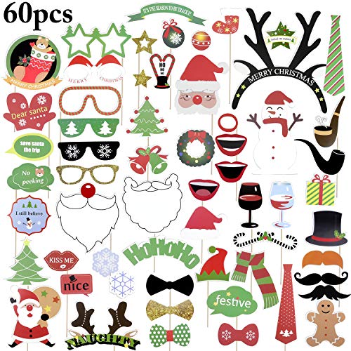 Funpa Christmas Photo Booth Props Funny Xmas Selfie Props Festivals Party Favor Decorations (60PCS)