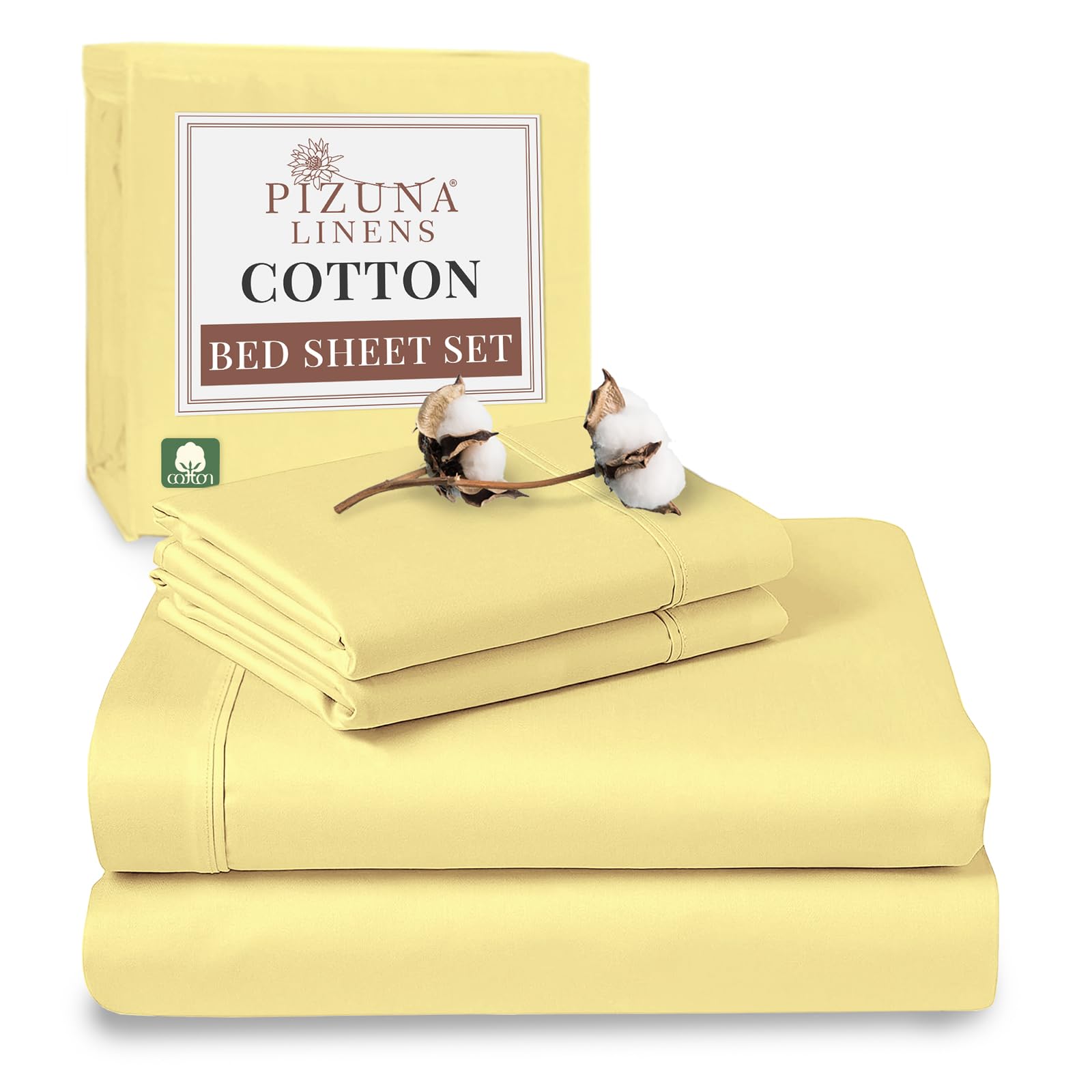 Pizuna 100% Cotton Super King Bed Sheet Set Mellow Yellow, 400 Thead Count Long Staple Cotton Bedding Set 300x280 cm, Soft Sateen 4 PC King Bed Sheet Set -Fitted Sheet, Flat Sheet & 2 Pillowcases