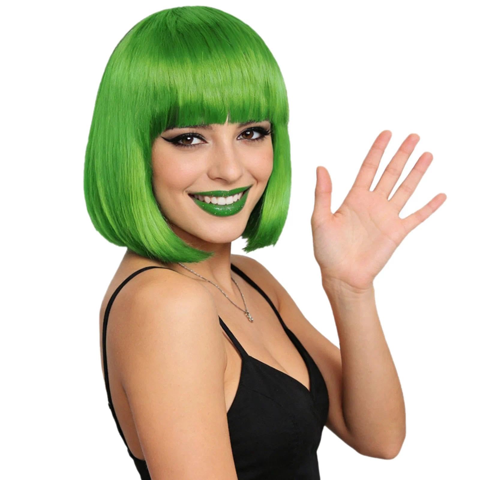 EUPSIIU Green Short Bob Wig for Women Fancy Dress, 35cm/13.7inch Synthetic Short Straight Wigs, Neon Cosplay & Party Wig for Carnival Halloween Cosplay (Green)