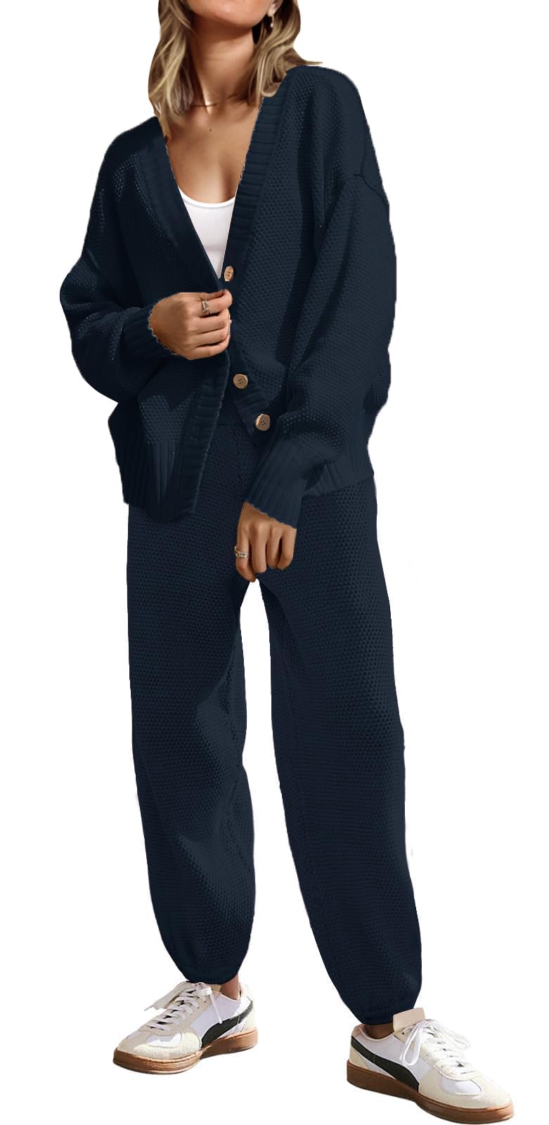 Photo 1 of SAUKOLE Womens 2 Piece Sweater Matching Sets Fashion Oversized Cardigan and Baggy Long Pants Knitted Outfits Set Sweatsuit