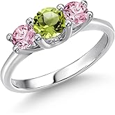 Gem Stone King 14K White Gold Green Peridot & Pink Lab Grown Diamond 3-Stone Engagement Ring | 1.05 Cttw | Round 5MM and 4MM | 3 Stone Wedding Anniversary Promise Ring For Women