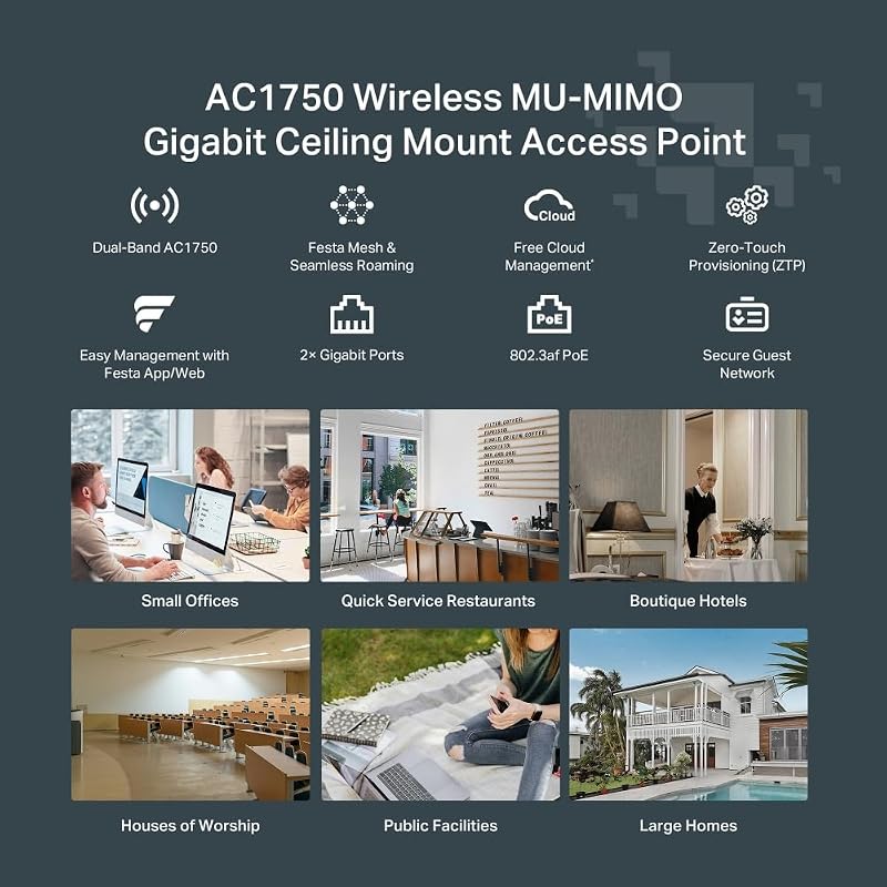 Festa F54 | Punto de Acceso WiFi 5 Dual-Banda AC1750, Montaje en Techo, 1× Puerto PoE Gigabit, Gestión centralizada en la Nube Gratuita, Configuración y Uso fáciles, sin Necesidad de IT.