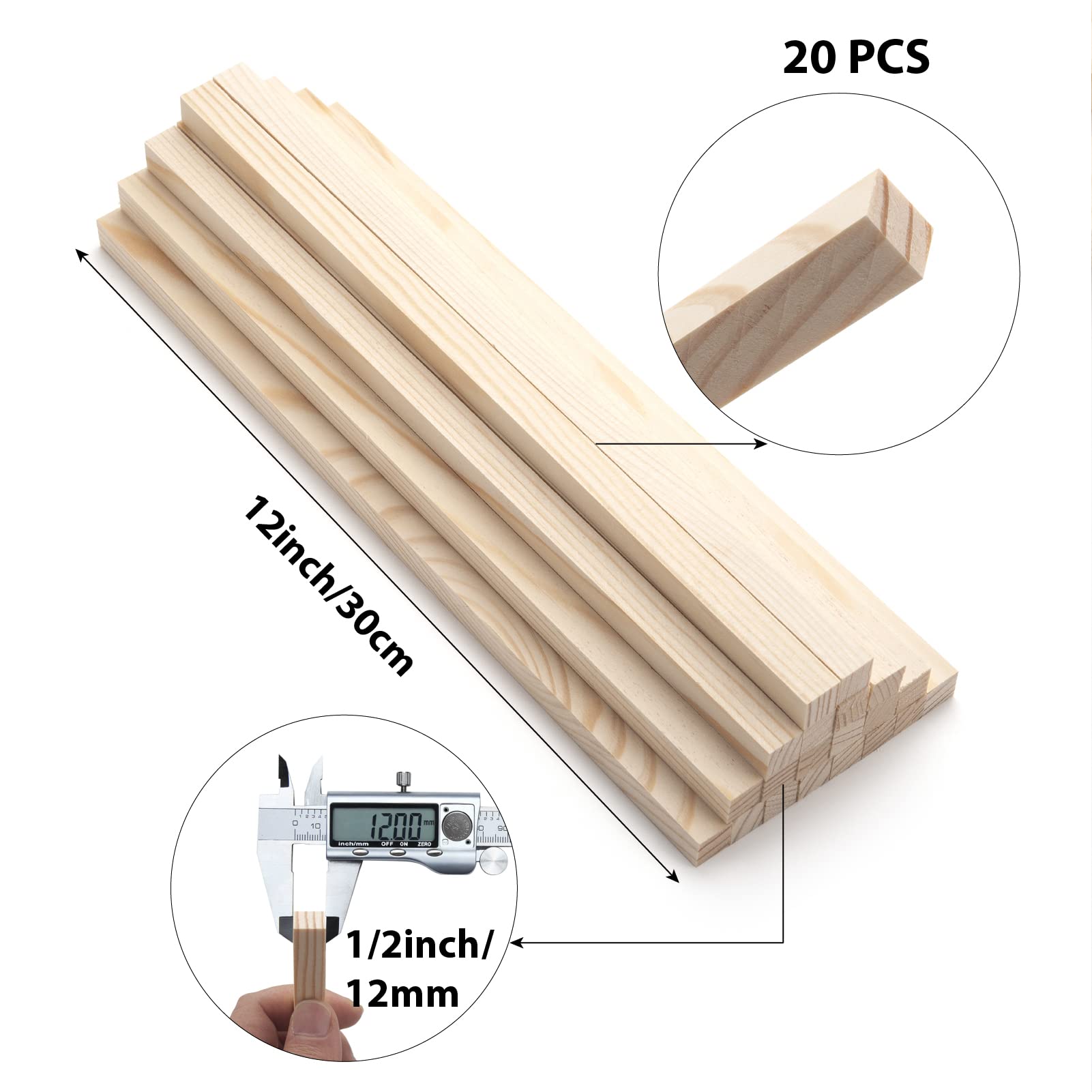 Wood Square Dowel Rods, 20PCS 1/2
