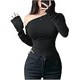 WDIRARA Women's One Shoulder Asymmetrical T Shirt Long Sleeve Ribbed Knit Tee Top
