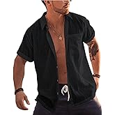 Bbalizko Mens Short Sleeve Button Up Shirts Linen Cotton Beach Tops Spread Collar Plain Summer T Shirt with Pocket