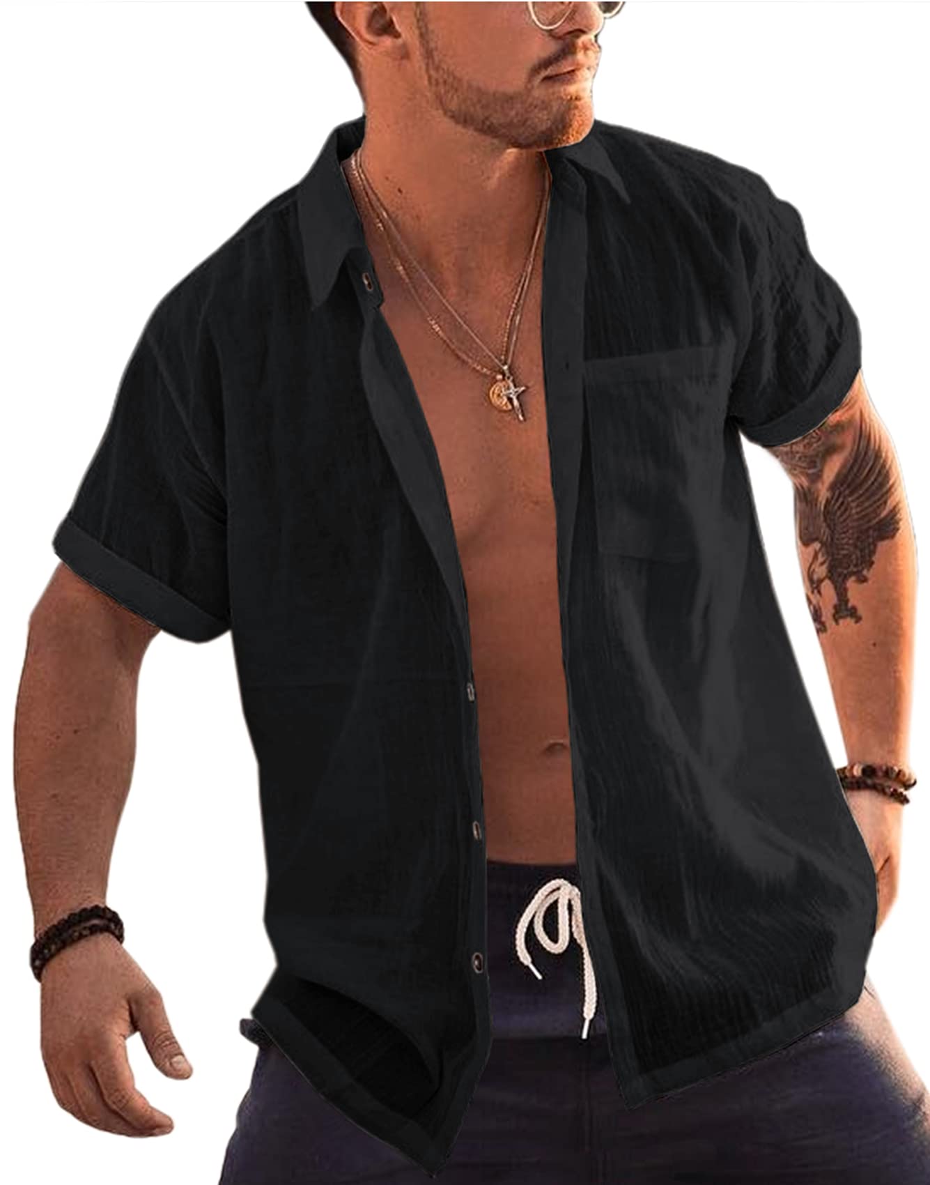 Photo 1 of (XL) Bbalizko Mens Short Sleeve Button Up Shirts Linen Cotton Beach Tops Spread Collar Plain Summer T Shirt with Pocket Black XL