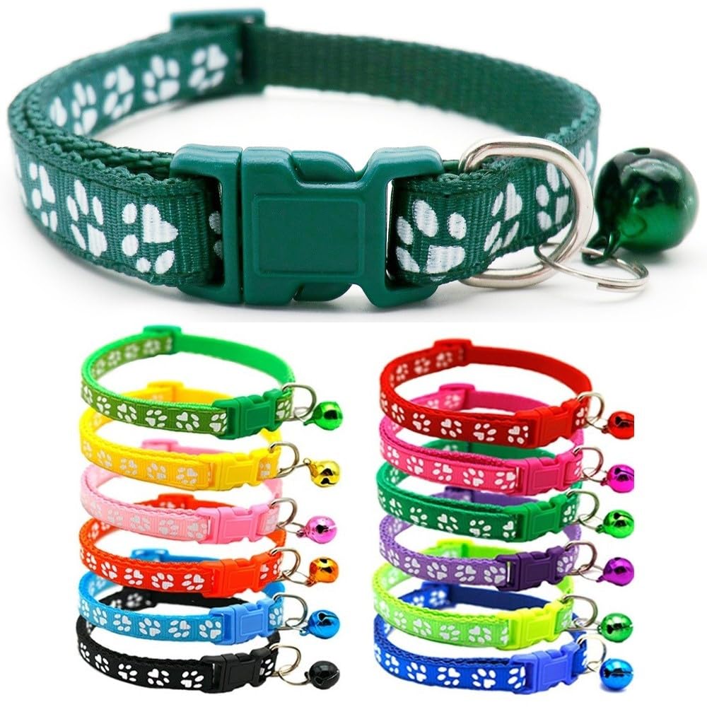 Small Dog Puppy Pet Collar Pawprint Design with Bell Nylon Adjustable Size 19-32cm Bottle Dark Green