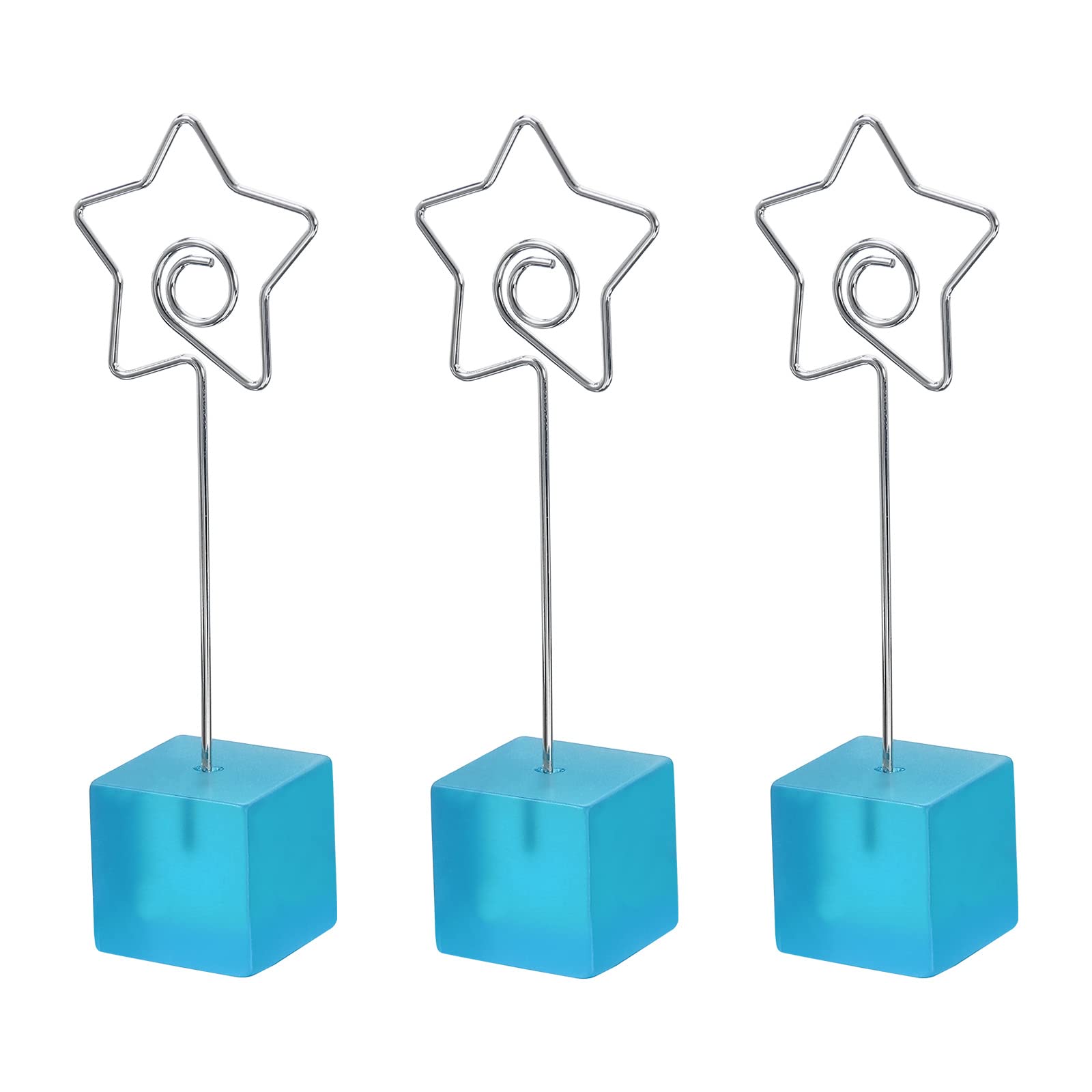 PATIKIL Resin Cube Base Picture Card Holder, 3 Pack Star Shape Metal Clip Wire Clip Note Table Stand Holder for Party Meeting Wedding Displaying, Sky Blue