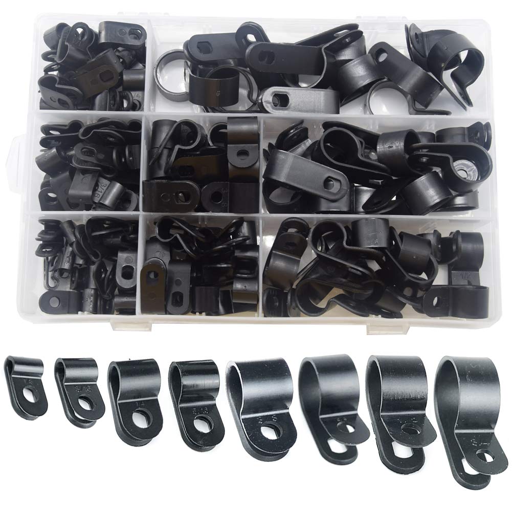 CEEYSEE 160 Pcs Nylon R Type Cable Clip Wire Clamp Screw Mounting Wire Clips for Cable Wire Conduit and Cable Conduit Kit with 1/8", 3/16", 1/4", 5/16", 3/8", 1/2", 5/8", 3/4" Black