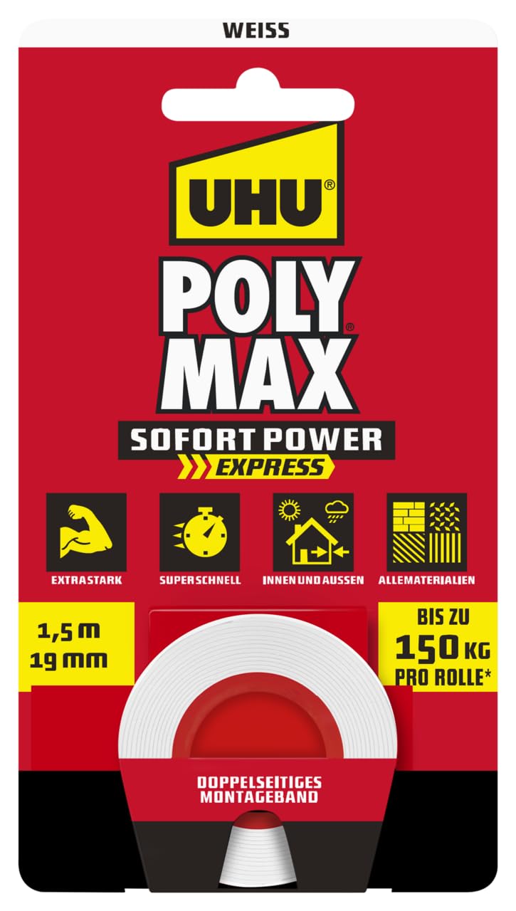 UHU 7004621 Poly MAX Doppelband weiß Double Band, White, 1,5m x19mm
