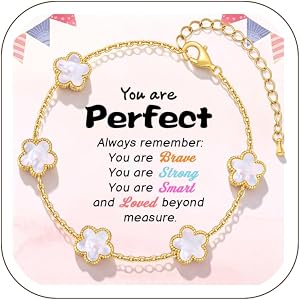 Gold Floral Bracelets for Girls - 18K Gold Plated Stainless Steel Bracelet Non Tarnish,Cute Lucky Five-leafs Flower Kids Jewe