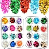 Tatuo 24 Pots Nail Glitter Nail Paillette Chip Ice Mylar Shell with 2 Pieces Plastic Boxes for Nail Art Decoration, 24 Colors