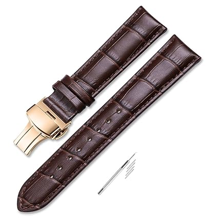 iStrap 20mm Calf Leather Watch Band Strap W/Rose Gold Steel Push Button Deployment Buckle Brown