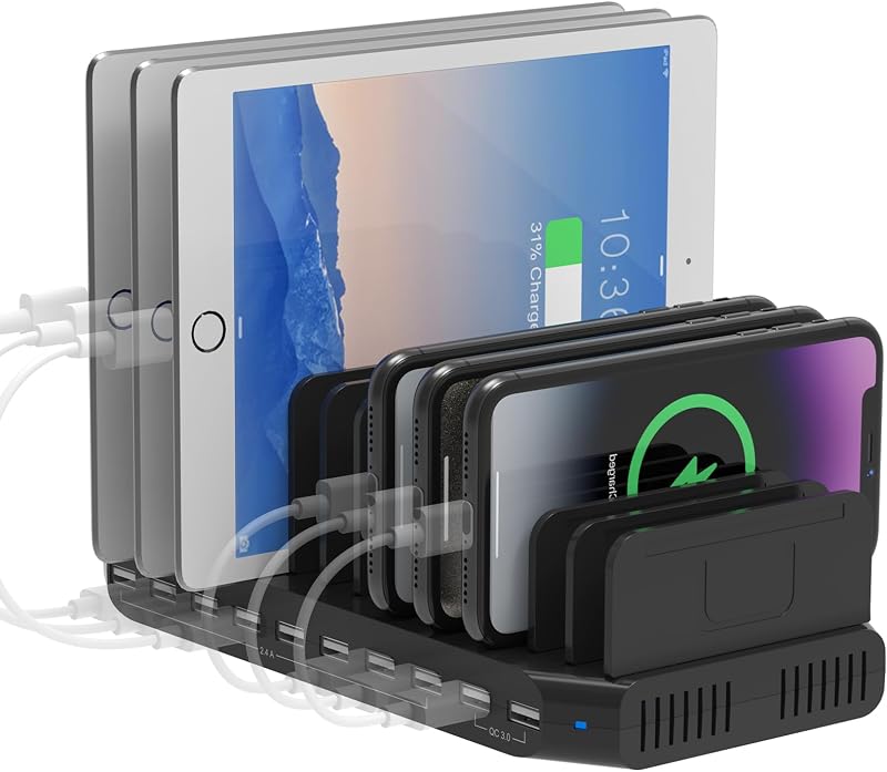 Alxum 60W 10 Port USB Charging Station Fast Charger for Phone Tablet Deep Black