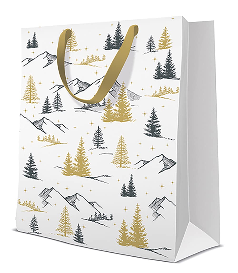 Pack of 10 - Premium Quality High Grade Large Forest View White Christmas Gold Xmas Gift Bag Christmas Bag Wrap (26cm x 13cm x 33cm)