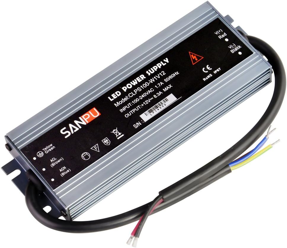 18mm Waterproof LED Power Supply 12V DC 100W 8A IP67 110V 220V AC-DC Lighting Transformer Driver 12VDC Small Thin Slim Aluminum (SANPU CLPS100-W1V12)