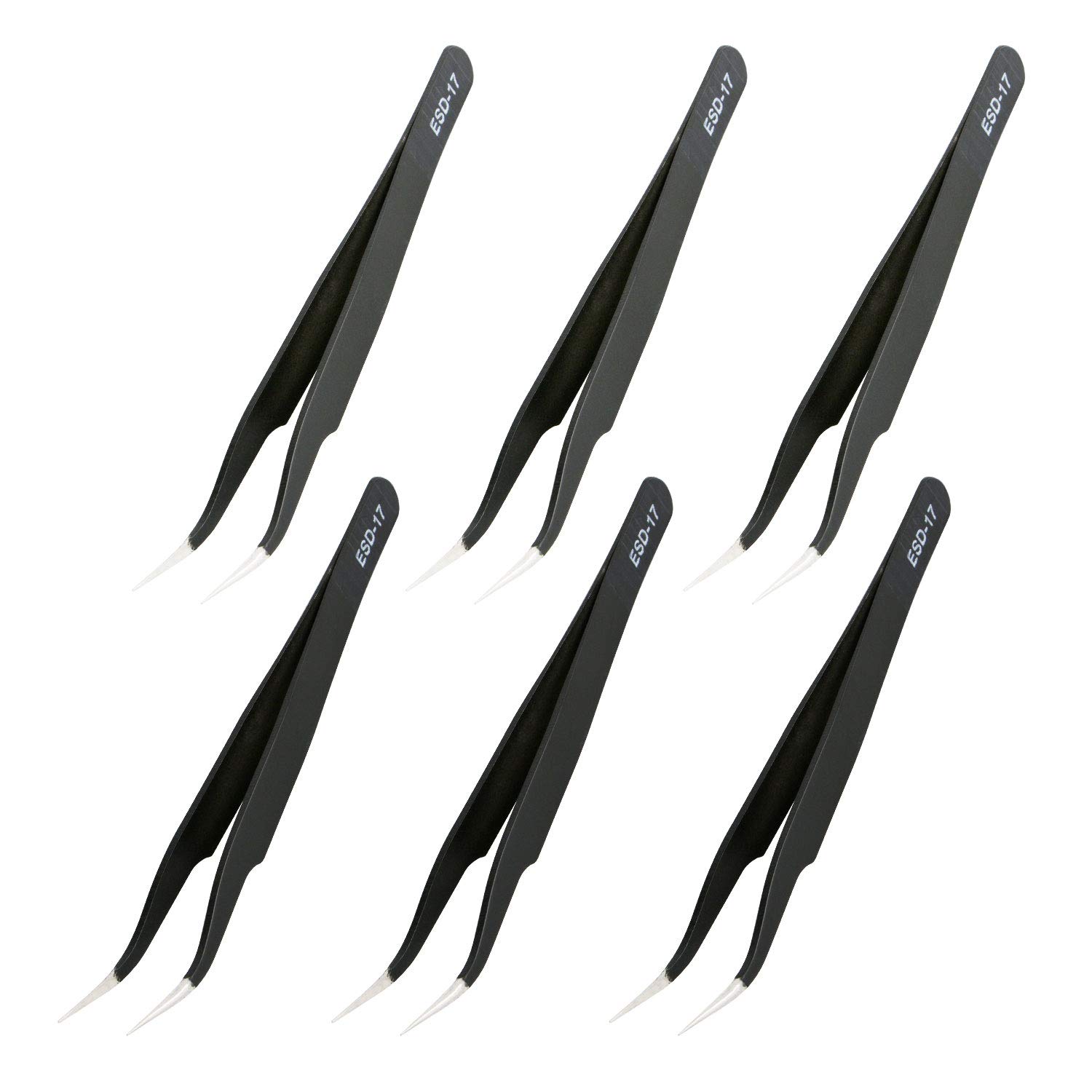 Aoje-Link ESD-17 Professional Anti-Static Technology Tweezers, Non-Magnetic Fine Tip Curved, Stainless Steel Plastic Coated, Full Length 125mm, Black, 6pcs