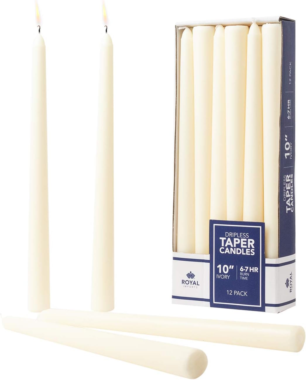 Candles & Holders - Royal Imports Unscented Taper Candles, Elegant Premium Quality, Dripless & Smokeless, Hand-Dipped Dinner Candles for Wedding, Holiday, Home Decor - 7 Hour Burn Time - Set of 12 (10 Inch, Ivory)