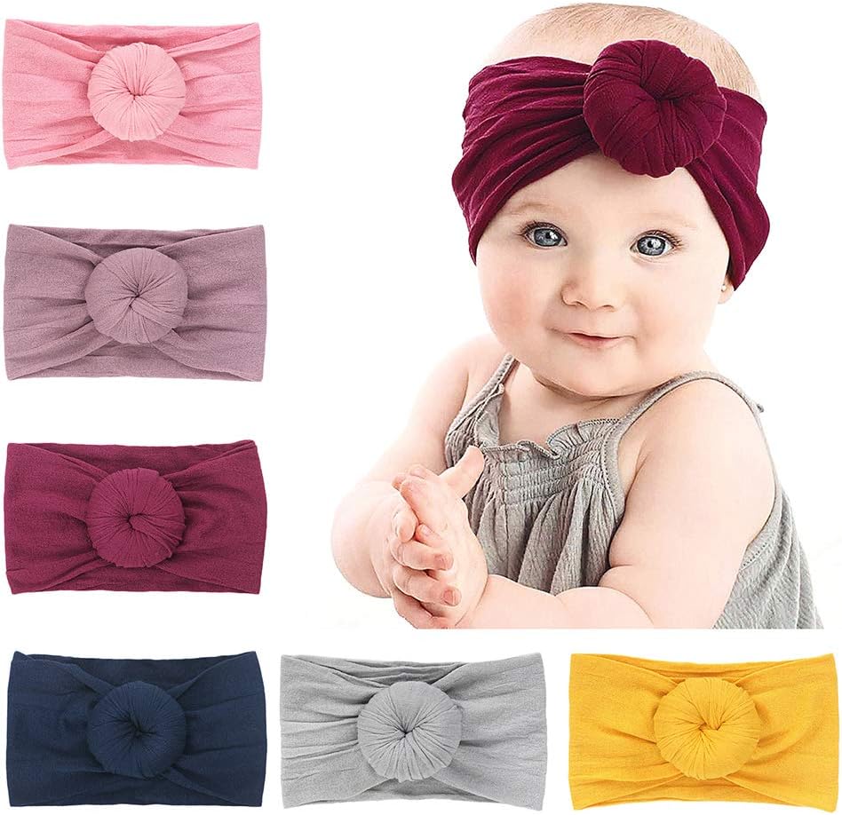 FOXTSPORT Newborn Headbands Turban Knotted, 6 Pack Baby Girl Nylon Headbands Newborn Infant Toddler Hairbands Child Hair Accessories