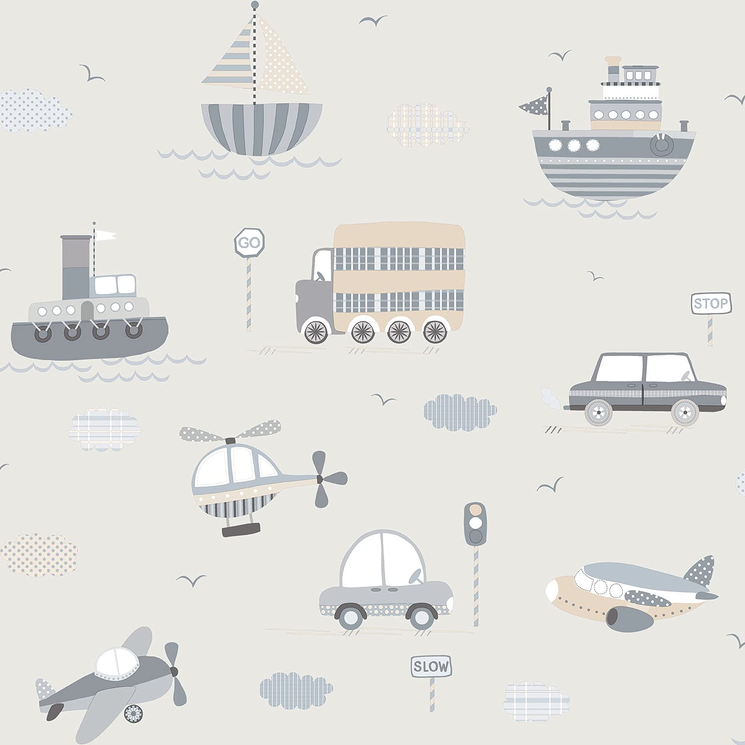 Galerie G78417 Tiny Tots 2 Transportation Wallpaper, Greige/Beige/Blue, 10m x 53cm