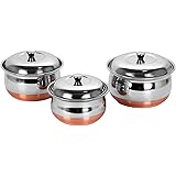 PARIJAT HANDICRAFT Stainless Steel Copper Bottom Multipurpose Cook & Serve Handi With Lid - 3 Pcs Set