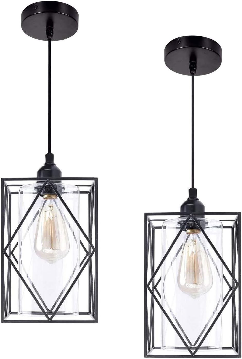 HMVPL Pendant Lighting Fixture, Set of 2 Black Farmhouse Hanging Chandelier Lights with Glass Shade, Mini Industrial Ceiling Lamp for Kitchen Island Dining Room Over Sink Hallway Bedroom - - 
