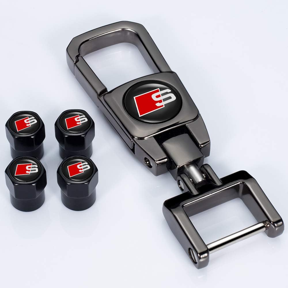 Kaolele 5 Pcs Metal Car Wheel Tire Valve Stem Caps for Audi S Line S3 S4 S5 S6 S7 S8 A1 A3 RS3 A4 A5 A6 A7 RS7 A8 Q3 Q5 Q7 R8 TT with Key Chain Styling Decoration Accessories