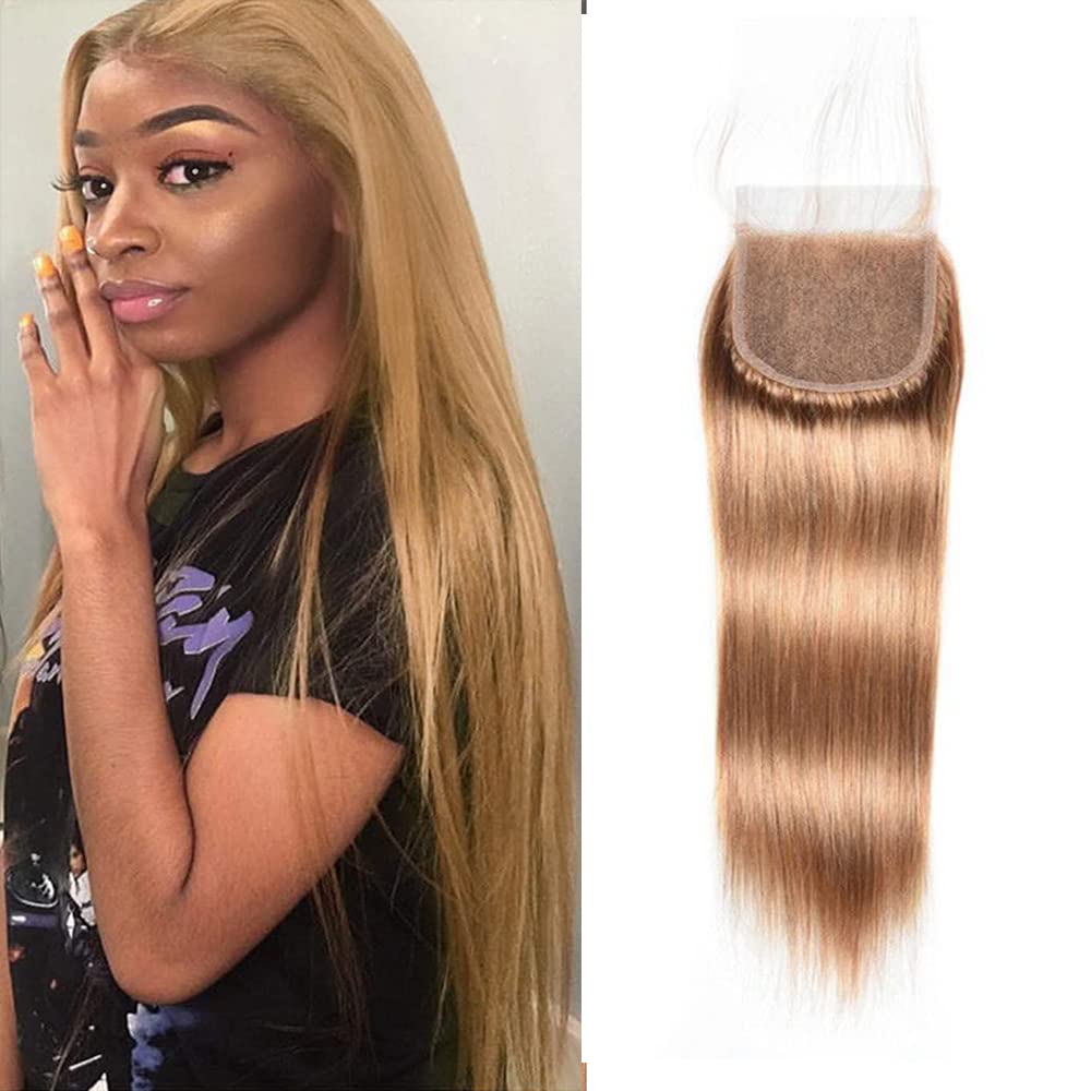 4x4 Lace Closure Honey Blonde Straight Human Hair Free Part Color #27 Brazilian Virgin Hair Closure 4x4 With Baby Hair 14 Inch.