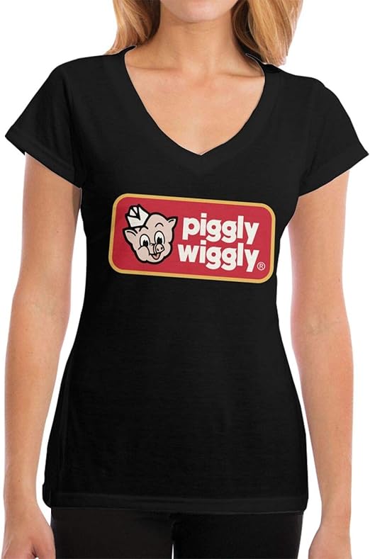 Levoncar Piggly Wiggly Women's V Neck Short Sleeve Casual T
