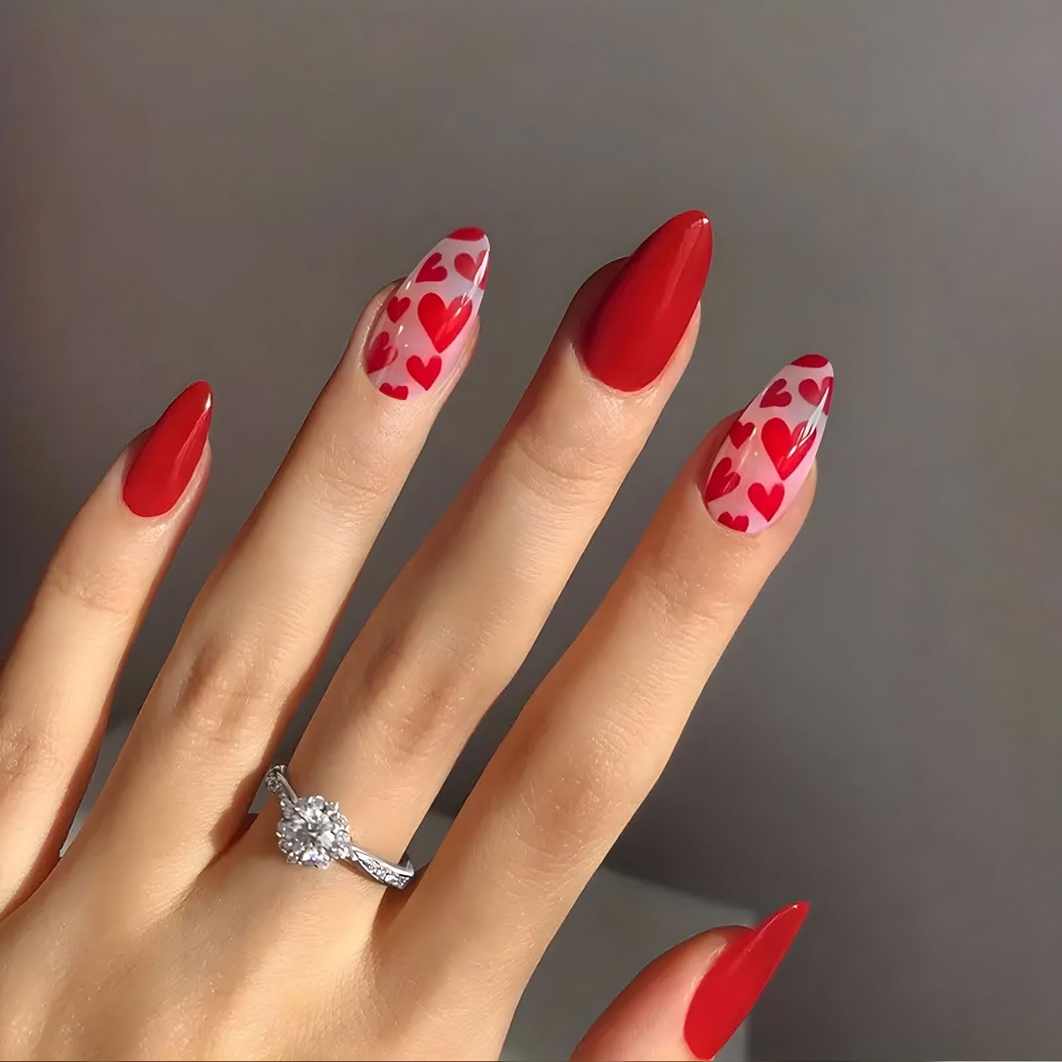Valentine's Day Press On Nails Almond Medium, 24Pcs Valentine's Day Fake Nails Red Heart Full Cover Glossy Stick On Nails Valentines Day Nail Accessories for Women Girls (Red Heart Almond)