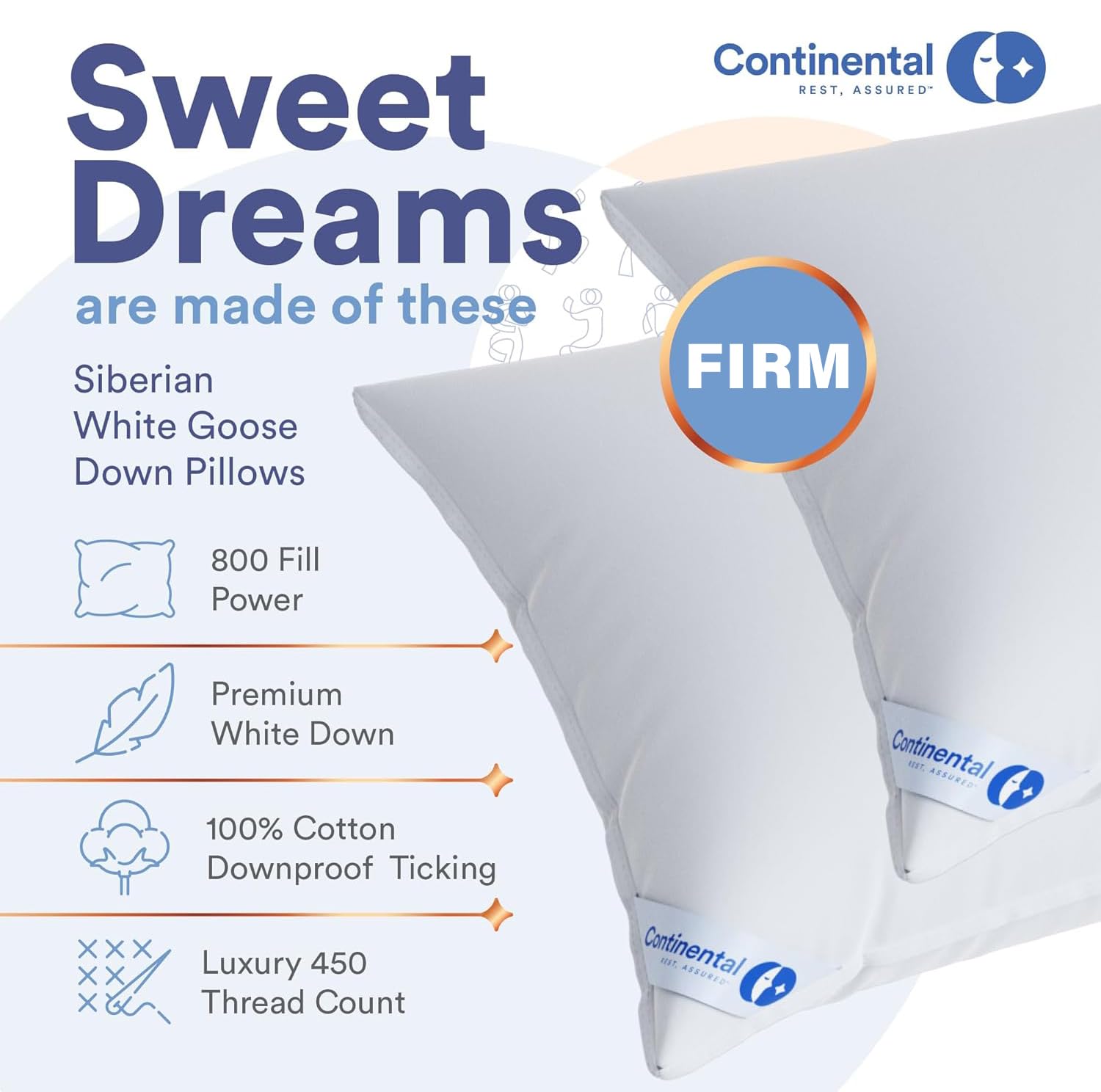 Continental Bedding 100 Luxury Down Pillow Siberian 800 FP Firm
