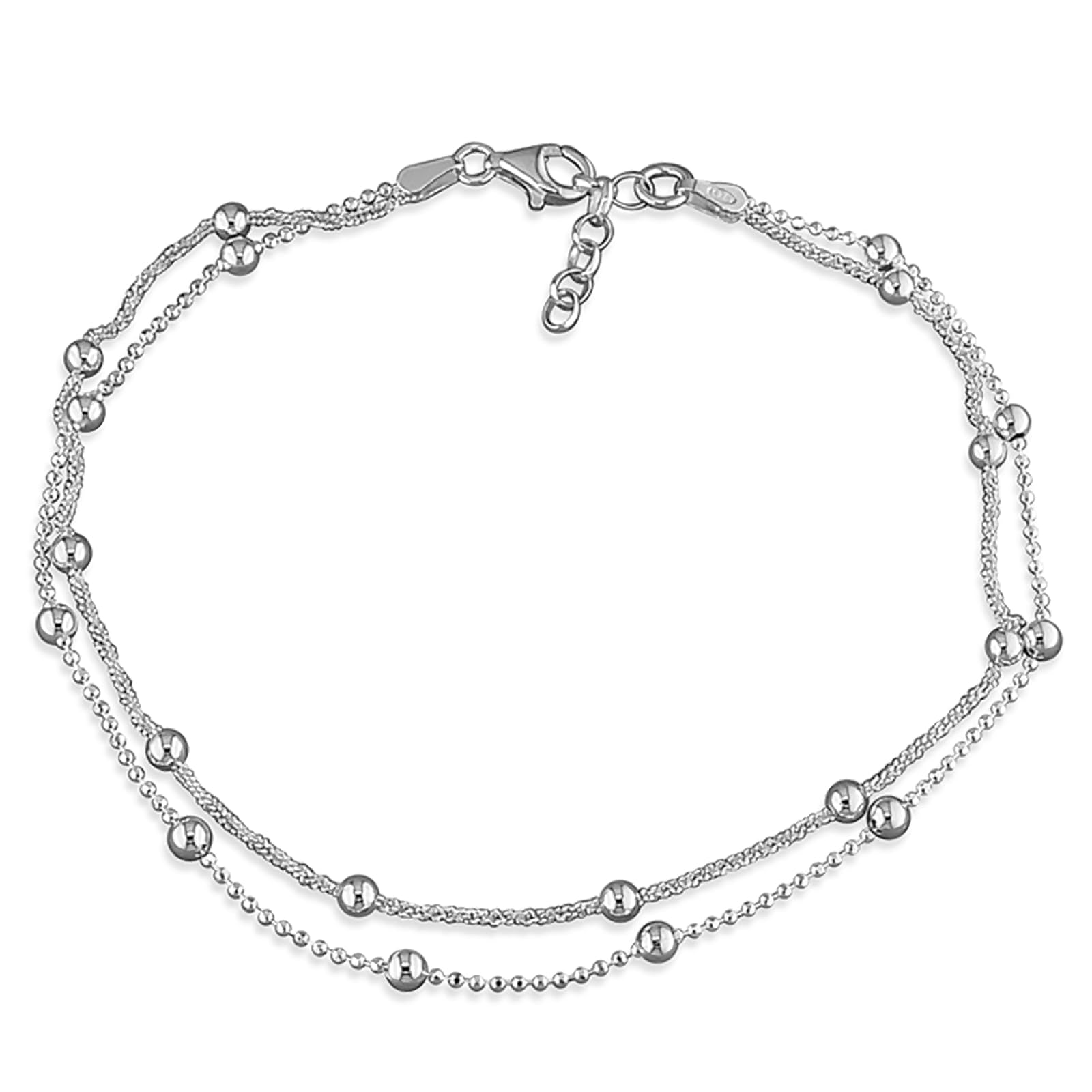 Designer Inspirations Boutique 9.75 Inch Beaded Double Chain Sterling Silver Anklet/Ankle Bracelet/Ankle Chain - 925 Sterling Silver - 9.75" Inch / 25cm - Anklets for Women