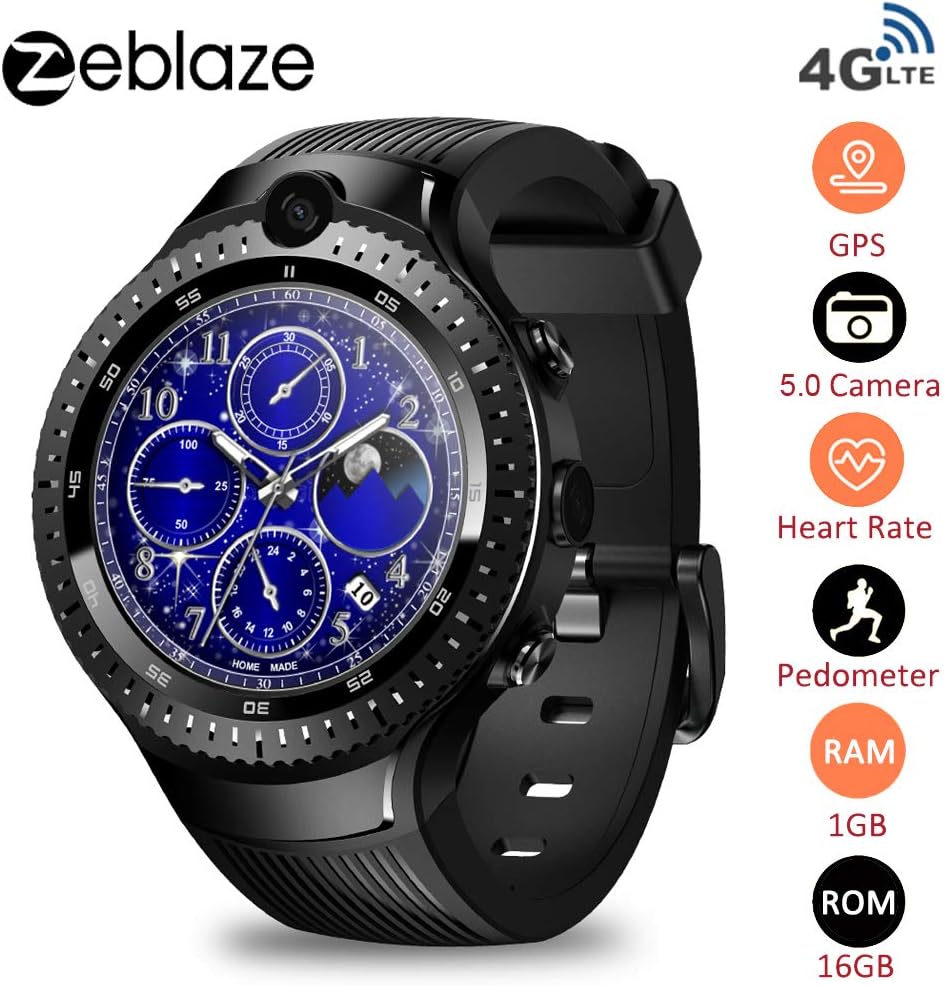 GTFHUH Zeblaze Thor 4 Smart Watch, Phone 5.0MP Dual Camera Android Watch 1.4" AOMLED GPS/GLONASS 1GB 16GB Dual 4G Smart Watch Men