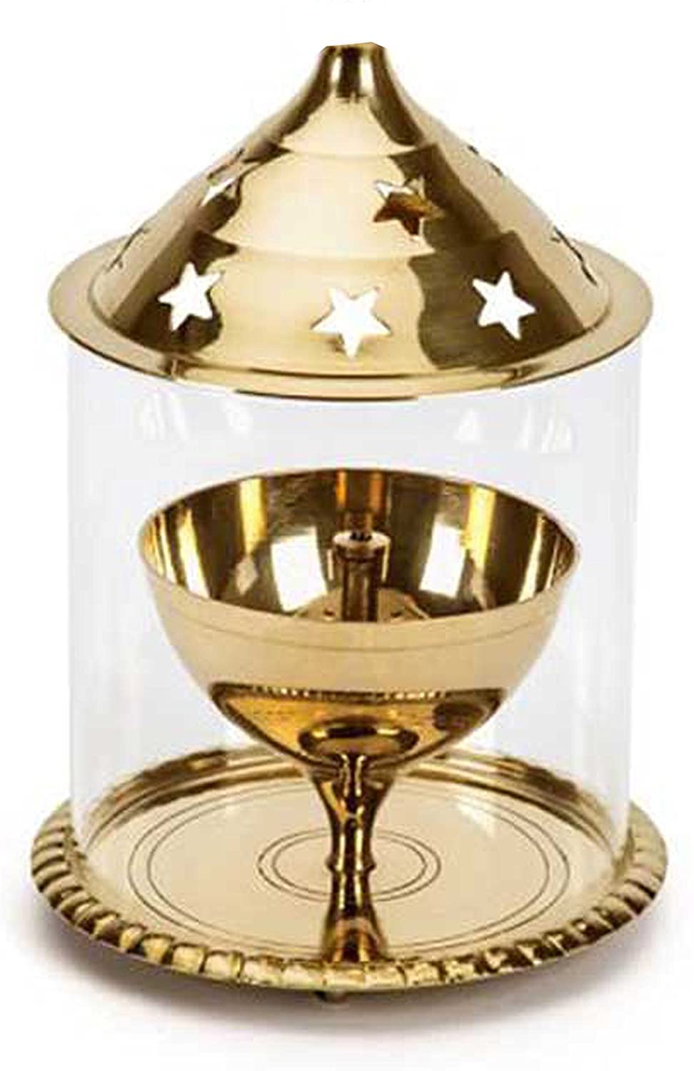 SATYA EXPORTS Pooja Akhand Diya Decorative Brass & Glass Oil Lamp Tea Light Holder,6 inch Diya Lantern (Gold and White)