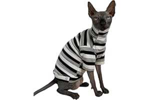 KITIPCOO Vintage Stripes Sphynx Hairless Cats Shirt Cotton Cat Turtleneck Pet Clothes Kitten T-Shirts with Sleeves for Sphynx Cats (Black Grey White, Large)