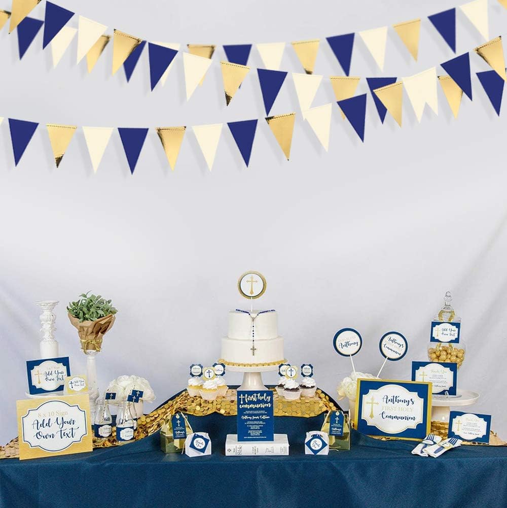 30 Ft Navy Blue Beige Gold Party Decorations Hanging Paper Triangle Flag Pennant Banner Bunting Garland for Bachelorette Engagement Wedding Birthday Bridal Shower Anniversary Hen Christmas Party Decor - Image 5