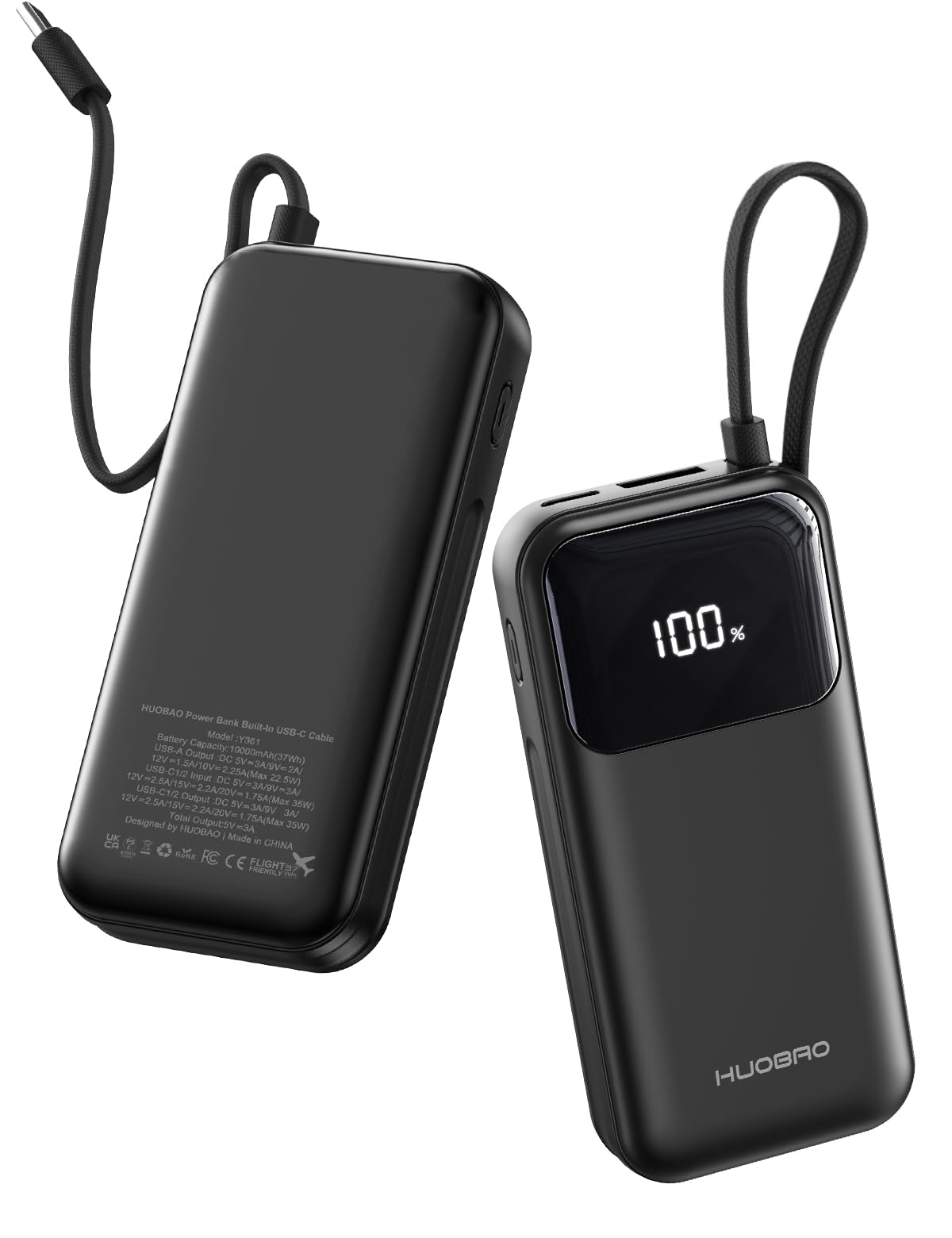 HUOBAO Power Bank 35W,10000mAh Powerbank eingebautem USB-C Kabel,Schnelles Laden mit 1 x USB-C, 1 x USB-A,Klein Externer Handyakku für iPhone 16/15/14/13/12/11/XS,Samsung/Android, iPad etc(Schwarz) 8