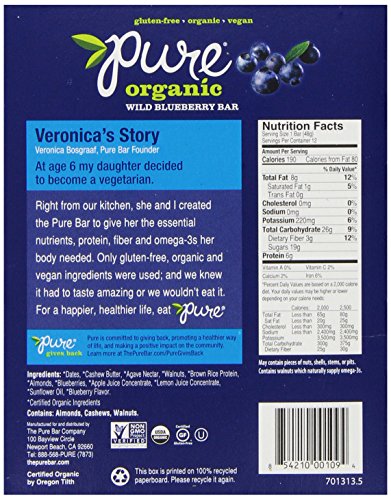 Pure Organic Wild Blueberry Bar, Gluten-Free, Certified Organic, Non-GMO, Vegan, Kosher, Plant Based Whole Food Nutrition Bar, 1.7 ounce (Pack of 12)